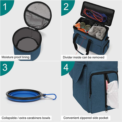 Weekend Dog Travel Bag Set with 2 Food Bags, 2 Bowls and Mat,Blue