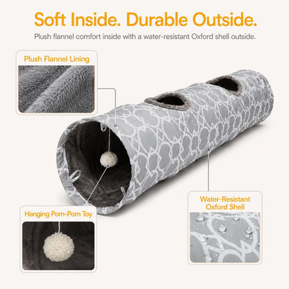 Geometric Collapsible Cat Tunnel with Plush Interior and Interactive Balls, Suitable for Kittens, Rabbits, Ferrets, and Puppies, Diameter 9.8 Inches