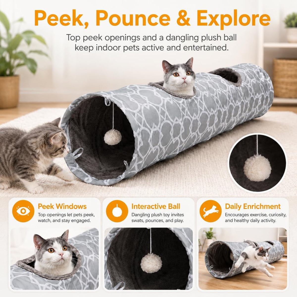 Geometric Collapsible Cat Tunnel with Plush Interior and Interactive Balls, Suitable for Kittens, Rabbits, Ferrets, and Puppies, Diameter 9.8 Inches