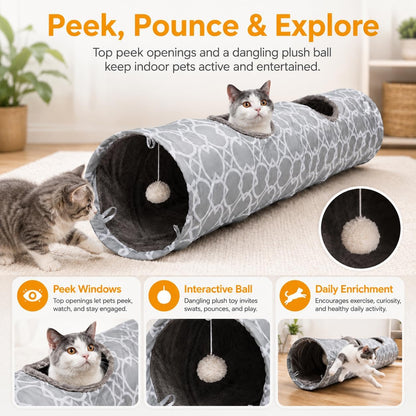 Geometric Collapsible Cat Tunnel with Plush Interior and Interactive Balls, Suitable for Kittens, Rabbits, Ferrets, and Puppies, Diameter 9.8 Inches