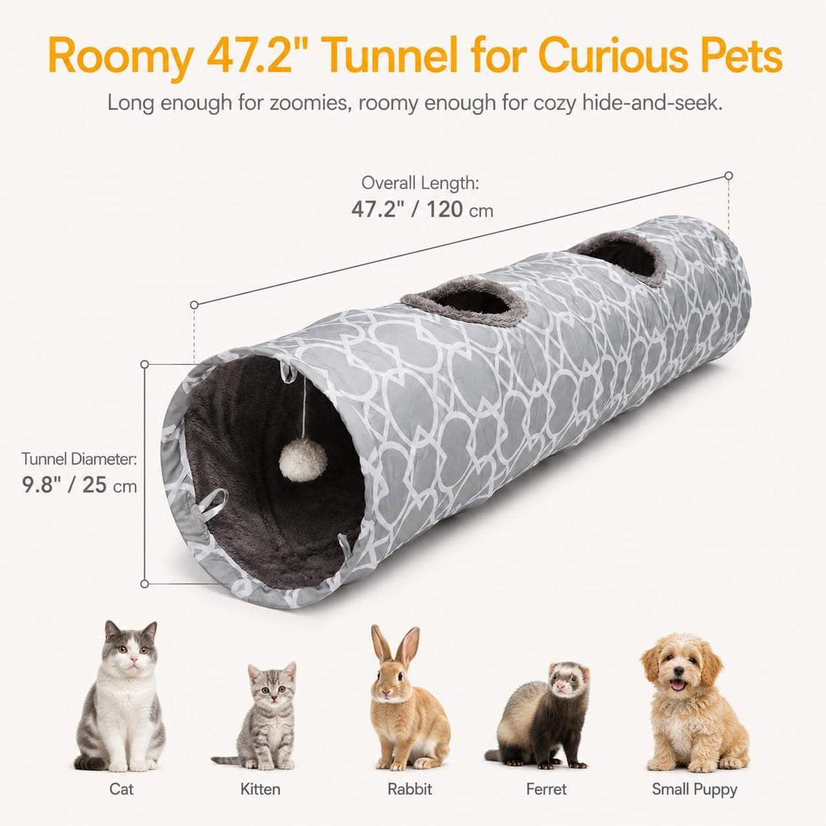 Geometric Collapsible Cat Tunnel with Plush Interior and Interactive Balls, Suitable for Kittens, Rabbits, Ferrets, and Puppies, Diameter 9.8 Inches
