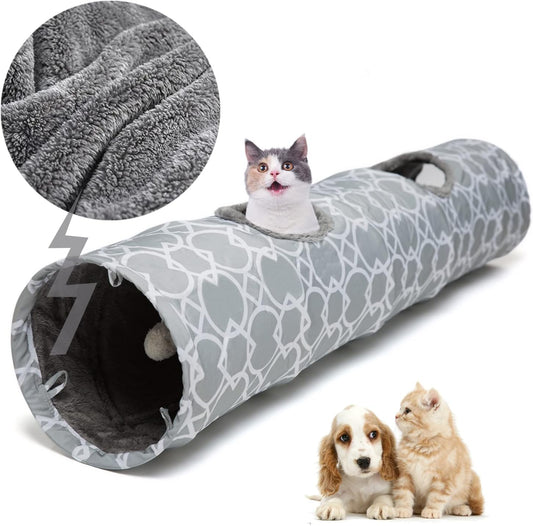 Geometric Collapsible Cat Tunnel with Plush Interior and Interactive Balls, Suitable for Kittens, Rabbits, Ferrets, and Puppies, Diameter 9.8 Inches