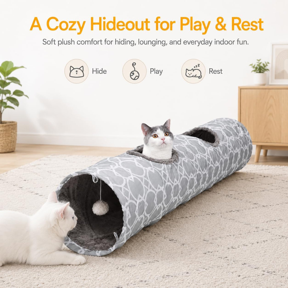 Geometric Collapsible Cat Tunnel with Plush Interior and Interactive Balls, Suitable for Kittens, Rabbits, Ferrets, and Puppies, Diameter 9.8 Inches
