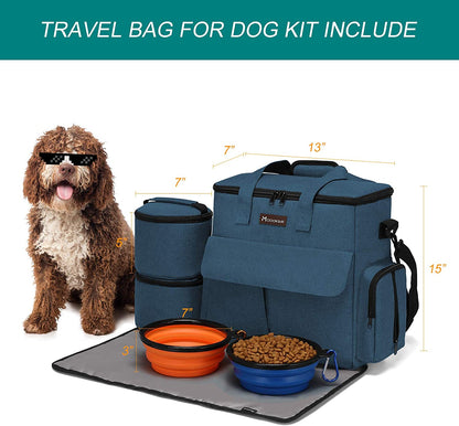 Weekend Dog Travel Bag Set with 2 Food Bags, 2 Bowls and Mat,Blue