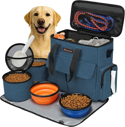 Weekend Dog Travel Bag Set with 2 Food Bags, 2 Bowls and Mat,Blue