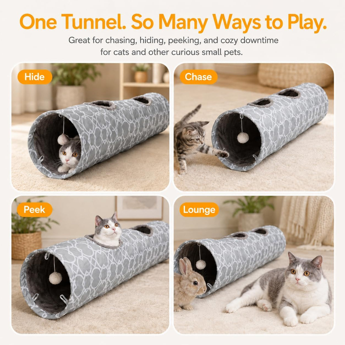 Geometric Collapsible Cat Tunnel with Plush Interior and Interactive Balls, Suitable for Kittens, Rabbits, Ferrets, and Puppies, Diameter 9.8 Inches